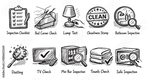 Hand-drawn vector illustrations depict hotel room inspection points, including cleanliness check, bathroom and minibar inspection, using a magnifying glass, indicating attention to detail.