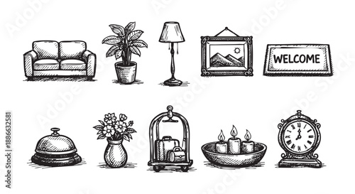 Black and white sketch illustration depicting hotel furniture, reception objects and room decor, perfect for design or holiday concept.