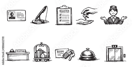 Black and white illustration featuring various hotel service icons including reception, concierge, luggage, keys, register, receptionist and elevator, perfect for hotel or travel themed content.
