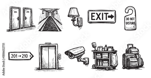 Hand drawn sketched hotel icons featuring doors, hallways, elevator, security camera, and luggage in a simple, clean black and white style, great for travel illustrations.