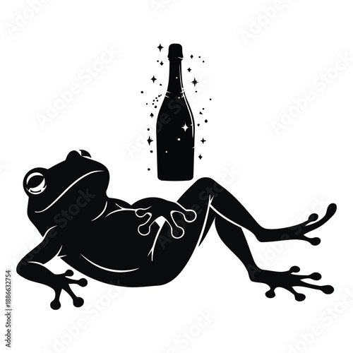 Relaxing Silhouette Frog Reclining with Champagne Bottle and Stars Graphic A Bottle of Sparkling Wine