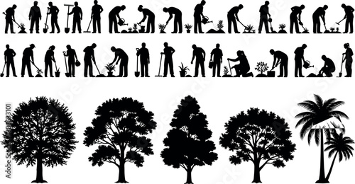 Gardening Silhouette Set Featuring People Planting Flowers, Watering Trees, Using Garden Tools, Landscaping Activities, and Various Tree Species Silhouettes,