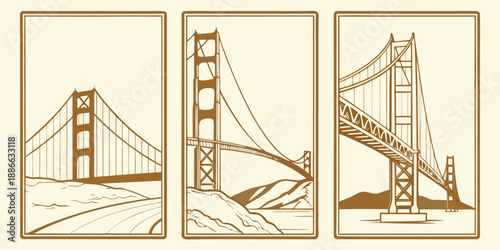 Golden Gate Bridge Retro Art – Sepia-Toned Architectural Views from Side, Center & Underneath | Vintage San Francisco Decor, USA, US, United States

