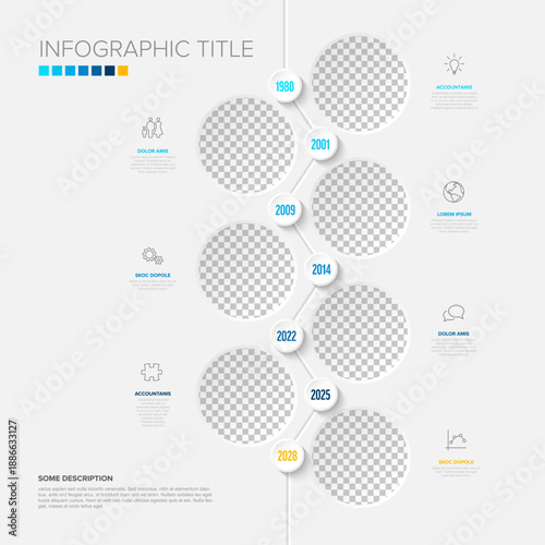 This vertical timeline infographic features a clean design with circular photo placeholders. This infographic layout includes a timeline with dates and customizable icons for business.