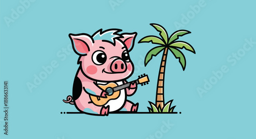 Cartoon pig playing guitar by palm tree