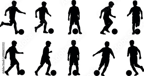 Soccer player silhouettes set, kids football action poses, dribbling kicking ball, youth sports training, black vector illustration
