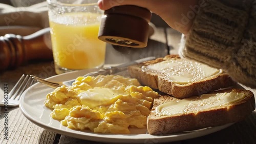 Breakfast meal with toast scrambled eggs and orange juice on wooden table