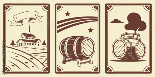 Vintage Louisville Whiskey Art – Sepia Barrel Scenes, Steeple Church, Steam Vehicle, Decorative Borders, USA, US, United States