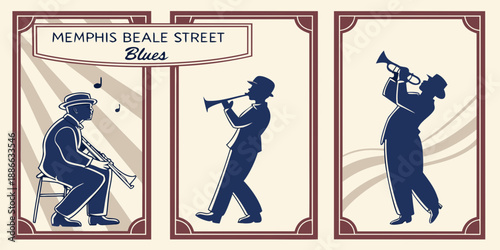 Memphis Beale Street Blues Triptych – Stylized Saxophone & Trumpet Players in Vintage Music Panels, USA, United States