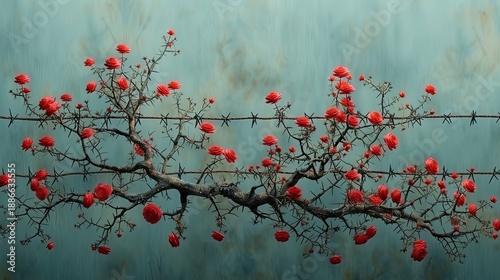 Red Roses on Barbed Wire  on Transparent Background Isolated on White Dramatic Contrast
