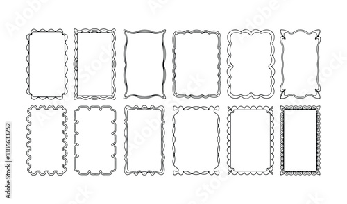 Collection of twelve decorative frames in various ornate and simple styles, ideal for photos or invitations.