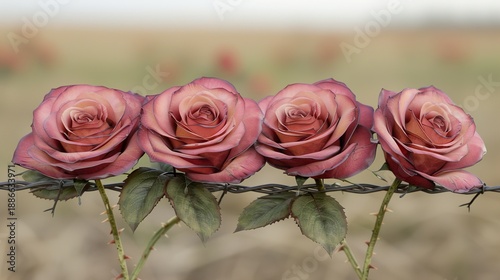 Red Roses on Barbed Wire   on Transparent Background Isolated on White Contrast Concept