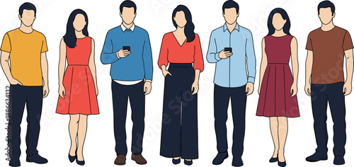 Diverse group of young people standing together in casual clothing using smartphones, faceless vector characters flat illustration on white background