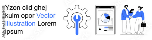 Teamwork, technology, analytics, communication, solutions, digital tools. Gear and wrench, mobile data chart professionals shaking hands. Teamwork and technology concepts for collaboration