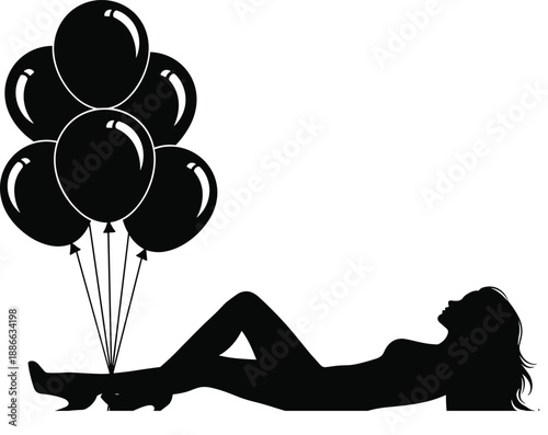 Black silhouette of beautiful woman lying down holding bunch of balloons isolated on white background, celebration and birthday party concept