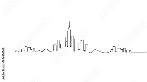 Minimal continuous black line city skyline forming a waveform style horizon with central high-rise tower, abstract urban line art on clean white background