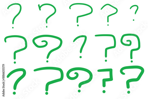 Hand-drawn doodle set of green question marks on a white background.
