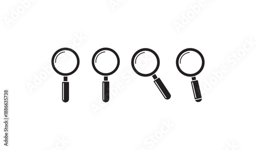 Collection of four magnifying glass icons in black and white, representing search, discovery, and analysis
