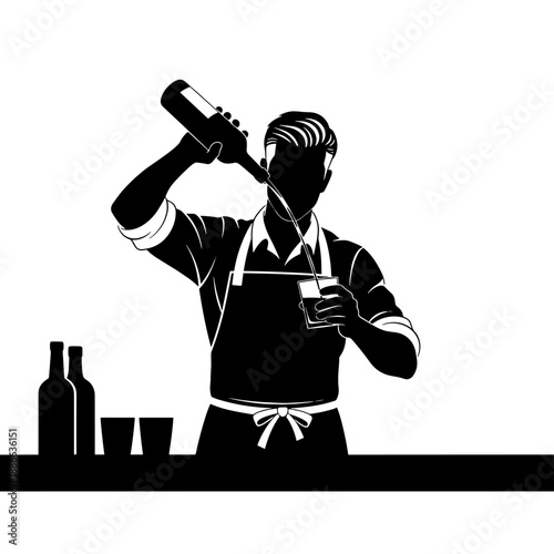 Bartender pouring alcohol into a glass while wearing an apron  