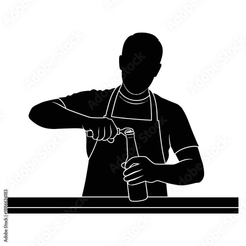 Bartender opening a beer bottle while wearing a work uniform  