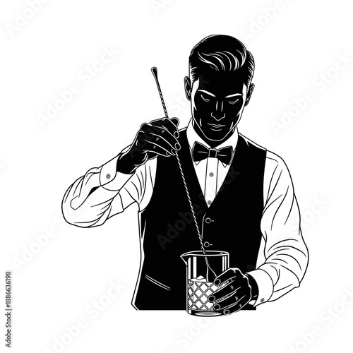 Bartender stirring a drink in stylish uniform and preparing cocktail  