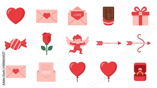 Valentine's Day Icons: Hearts, Roses, Cupid, Gifts, Love Letters, Candy, Rings