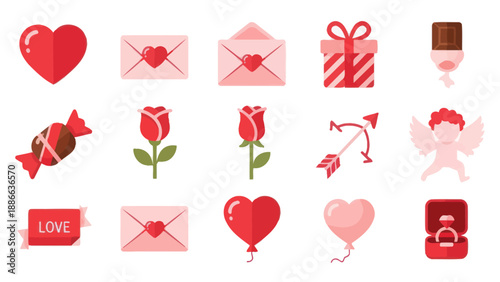 Valentine's Day Icons: Hearts, Gifts, Roses, Cupid, Love Letter, Ring, Candy