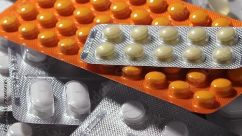 Close-up rotation reveals mixed blister packs with orange tablets, softgel capsules, beige pills, pink caplet in pharmacy mix