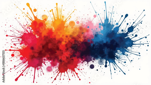 A vibrant colorful paint splashes against a white background. Colorful background design. Colorful paint explosion, illustration.	