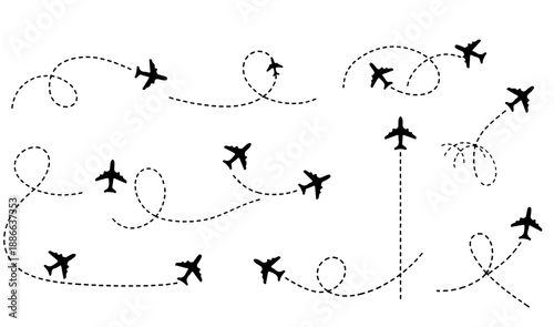 Airplane flight route and travel path icon set with dotted trajectory lines