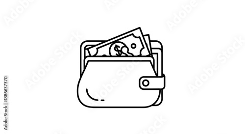 Outline Wallet with Money Icon. Minimalist line art vector illustration of open purse holding banknotes and coins, financial savings concept.