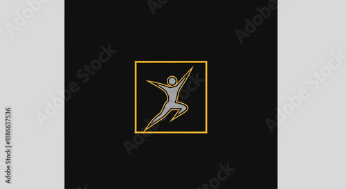 Abstract dynamic silver human figure icon in a golden square, symbolizing success, health, fitness, and vitality on black.