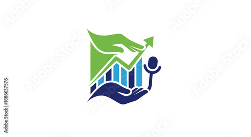 Dynamic vector logo for communication growth, featuring an upward trending bar graph with supportive hands and a microphone for podcasting success.