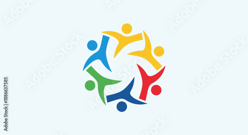 Vibrant abstract illustration of diverse people forming a global community circle, symbolizing teamwork, unity, and connection.