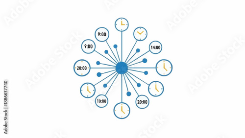 Blue clock graphic with multiple times.