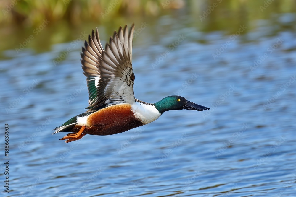 Obraz premium Northern shoveler Spatula clypeata soaring above water