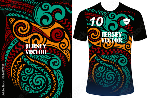 Canvastavla Polynesian Tribal Sports Jersey Design Template, Vibrant Tribal Swirls Apparel P