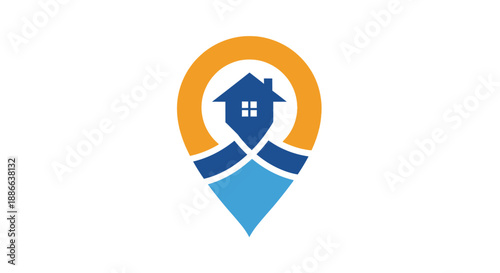 House location pin icon, modern home property search map pointer symbol, residential real estate address navigation graphic