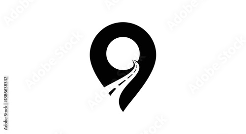 Abstract road leading into a location pin icon, representing travel, journey, navigation, destination, or route. Graphic concept.