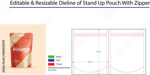 Editable Resizable Dieline of Stand Up Pouch With Zipper