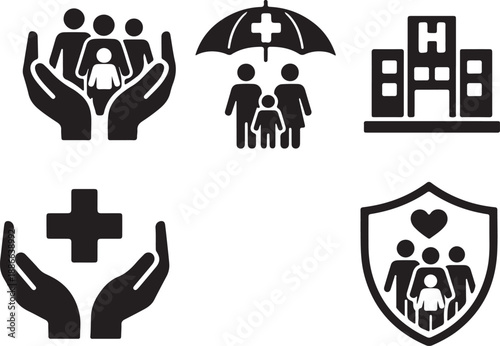 Medical and Family Insurance Icon Set, Healthcare Protection, Hospital Building, and Life Insurance Symbols in Flat Black Style