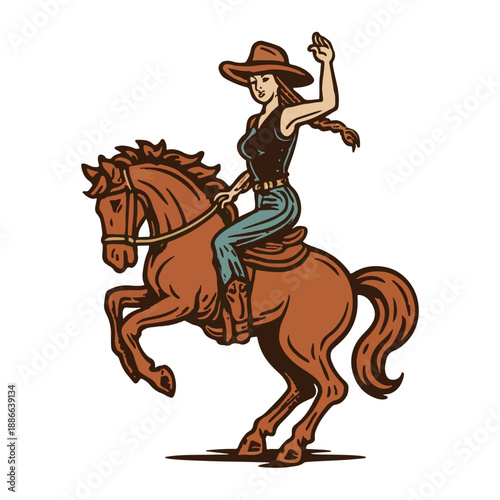 Retro Cowgirl Riding Horse Silhouette for Western Rodeo and Women-in-West Art Prints