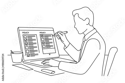 Man reviewing policy details on a computer with a stylus