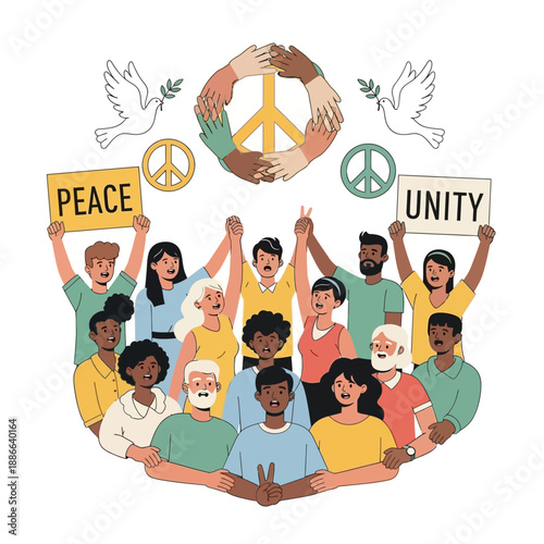 Diverse group of people holding hands and signs promoting unity and peace together in a circle