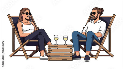 Couple Relaxing in Deck Chairs with White Wine Illustration.eps