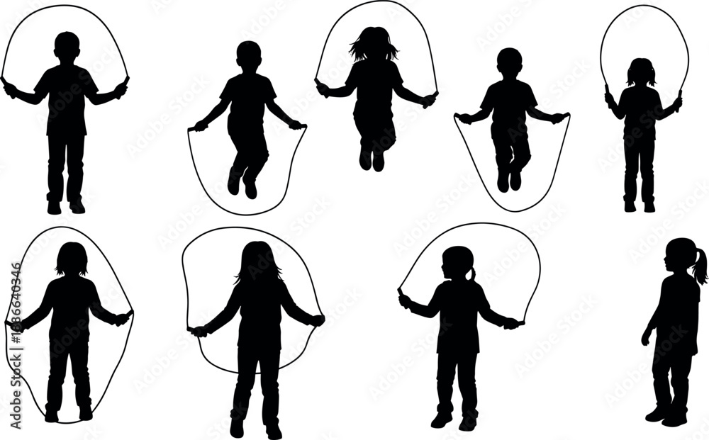 Obraz premium Children Skipping Rope Silhouette Set Featuring Active Kids Jumping, Physical Education Play, Healthy Lifestyle, Outdoor Exercise, and Fun,