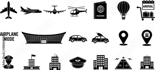 Collection of high voltage power lines electrical pylons and utility pole silhouettes for industrial energy and electricity infrastructure design (18 words)