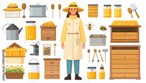 Beekeeper surrounded by beekeeping equipment and honey.
