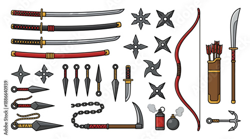 Collection of Traditional Japanese Martial Arts Weapons.