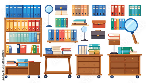 Colorful Books and Office Furniture Illustration.
